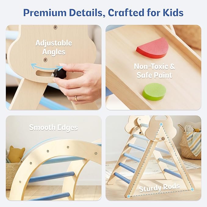 bbgroundgrm 8-in-1 Wooden Climbing Set for Toddlers with Cushion, Foldable Montessori Indoor Climber with Arch, Ramp and Triangle Ladder, Natural Wood Play Gym for Kids 1-3