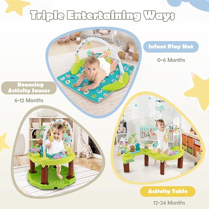 HOMGX Baby Bouncer Activity Center, 3 in 1 Baby Jumper Center & Infant Playtime Mat & Activity Table w/Baby Toys, 3 Adjustable Heights & 360° Rotatable Seat, Activity Center for Toddlers (Green)