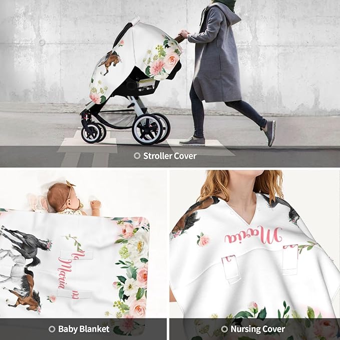 Personalized Baby Car Seat Canopy for Babies, Custom Name Car Seat Covers for Baby Girl, Floral Horse Opening Minky Nursing Breastfeeding Cover for Infant, Carseat Canopies for Newborn