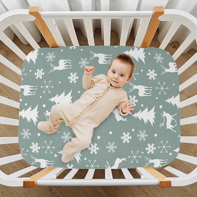 Fitted Crib Sheets Christmas Xmas Deer Snowflake Stretchy Portable Playard Sheets for Baby Toddler, Breathable Soft Mini Crib Mattress 39 x 27 in for Boys and Girls