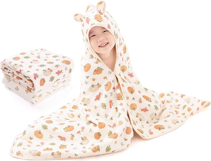 Hooded Towel Muslin Hooded Towel Made from Organic Cotton 6-Layer Cotton Bath Towel, Soft Bath Towels 25x51inches for Toddler Baby