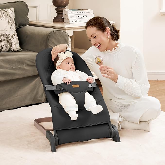 Foldable Baby Bouncer, Baby Seat with 3 Adjustable Heights, Portable Newborn Rocker, Ergonomic Bouncy Seat for Natural Bounce, Bouncer for Babies 0-6 Months, Soft Cotton (Charcoal Gray)
