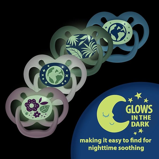 Dr. Brown's Advantage Baby Pacifier, Fully Symmetrical Soother with Soft Silicone Bulb, Glow-in-The-Dark Blue Nature-Purple Nature, 6-18m, BPA-Free, 6-Pack