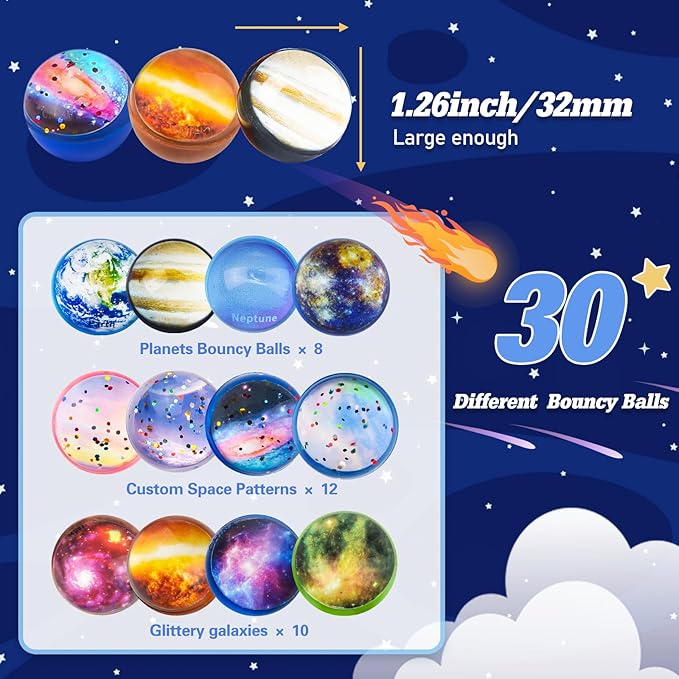 30 Pack Galaxy Bouncy Balls 32 mm Space Themed Rubber Balls in 30 Styles Bulk Space Party Favors for Kids, Goodie Bag Fillers, Bag Stuffers, Space Toys for Boys and Girls