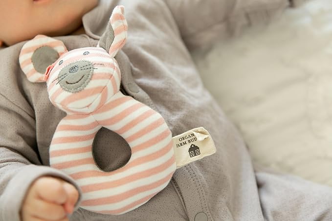 Organic Farm Buddies Apple Park Ballerina Mouse Teething Rattle, Baby Toy for Infants - Hypoallergenic, 100% Organic Cotton