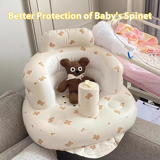 Inflatable Baby Seat - Infant Safety Support, Blow Up Baby Floor Seat with Built in Air Pump- Perfect for Travel, Beach, Camping - Ideal for Babies 3 Months and Up (Bear)