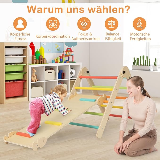 COSTWAY Climbing Triangle with Slide, 7-in-1 Indoor Climbing Frame from 3 Years, Foldable & Height-Adjustable, Indoor Playground Freely Combinable (Colourful)