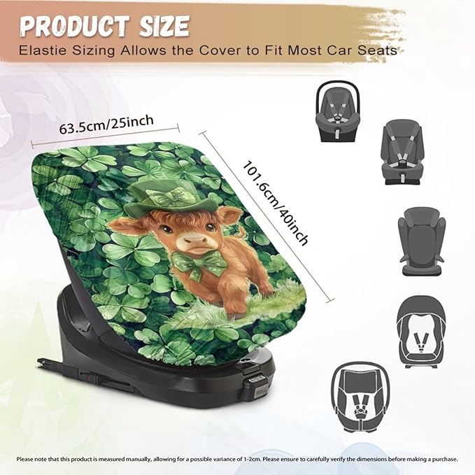XYZCANDO St Patrick's Day Car Seat Cover Baby Travel Highland Cow Car Seat Covers for Babies Waterproof Baby Car Seating Sun Shade Cover Elastic Car Seat Sun Protection Gift for Birthday