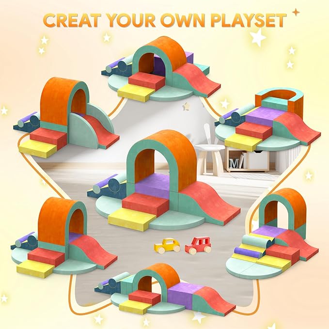 Foam Climbing Blocks for Toddlers, 12 PCS Colourful Toddler Climbing Toys Indoor, Soft Play Set with Toy Car, Flexible Crawling and Sliding Climbing Blocks