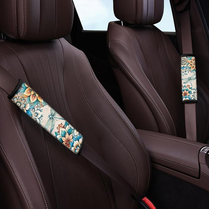 UNICEU Bohemian Floral Dragonfly 2 Piece Car Seat Belt Pads for Women Kids, Neoprene Soft Auto Seatbelt Shoulder Covers Vehicle Accessories, Universal
