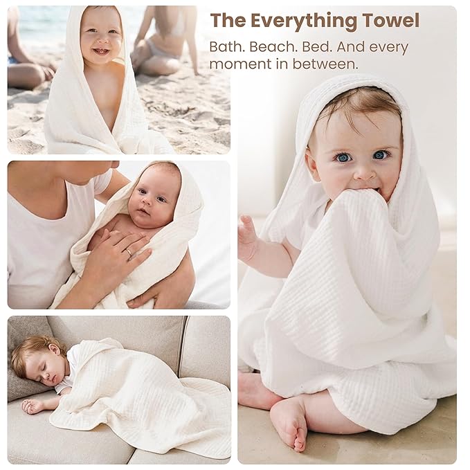 Konssy 2-Pack Muslin Hooded Baby Towels, 100% Cotton, Ultra-Soft & Absorbent Baby Bath Towels with Hood for Newborn & Infant (Taupe,Soft Blooms,32" x 32")