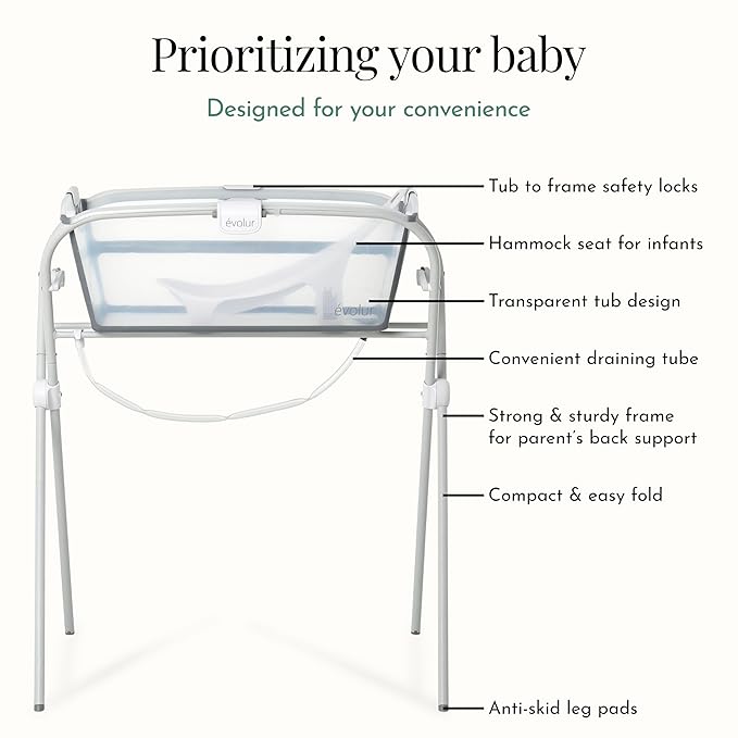 Evolur Supple Baby Spa Set with Infant Bathtub, Hammock Support Seat & Metal Frame, Newborn Tub for 0–12 Months, Complete Baby Care Essentials Gift Set for New Parents, White