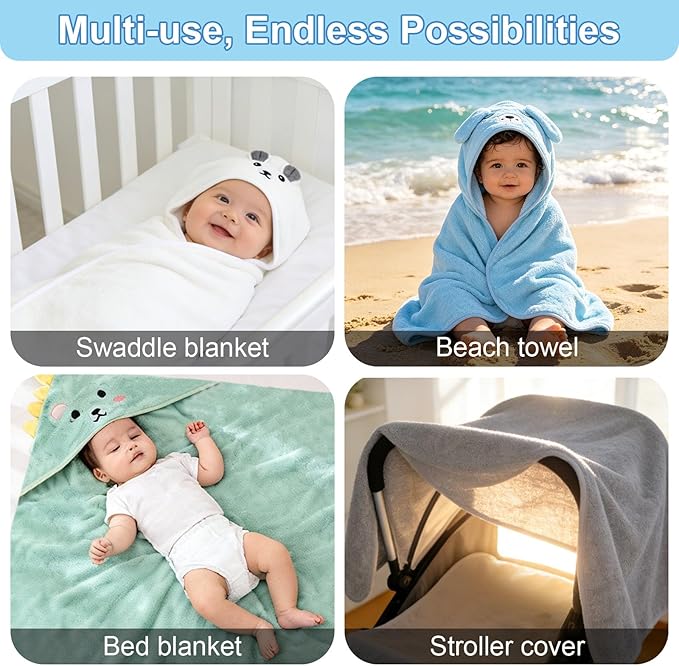 14PCS Baby Bath Towels Set, 4PCS Animal Hooded Baby Towels(31.5''x31.5'') & 10PCS Washcloths for Newborn, Toddler, Soft and Absorbent Coral Fleece, Essential Gifts for Boys & Girls