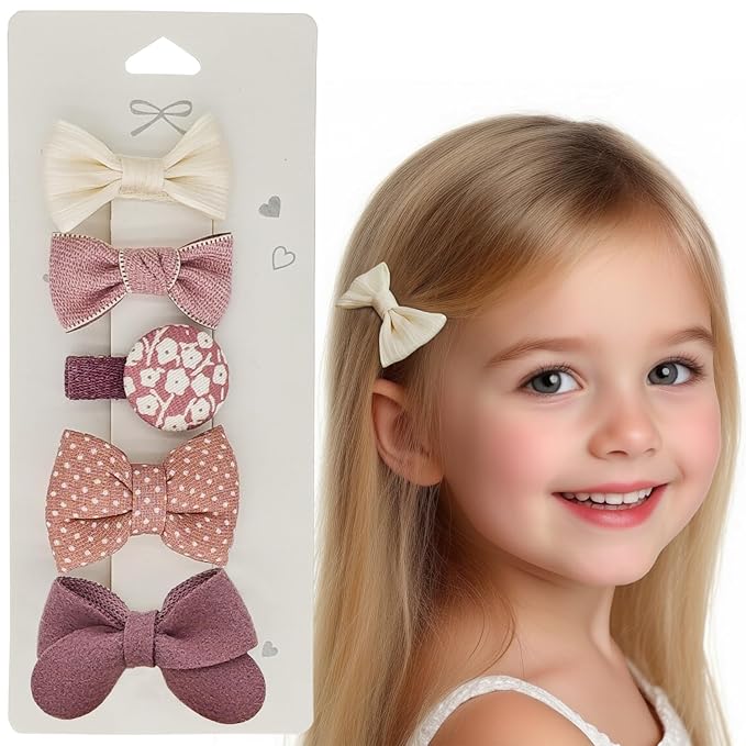 Baby Hair Clips for Girls - Soft Fabric Covered Duckbill Toddler Hair Clips with Bows & Round Design, Gentle Non-Slip Hair Accessories for Toddlers(5 Pcs)
