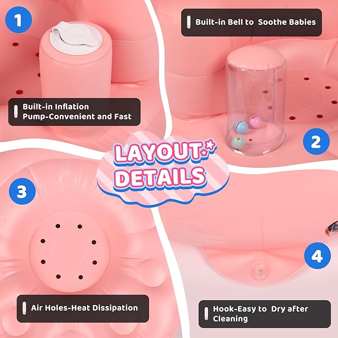 Baby Seat Inflatable Infant Floor Seat Toddler Chair Support Sitting Up Built in Air Pump with Tinkling Bells for 5-36 Months Home and Travel (Pink)