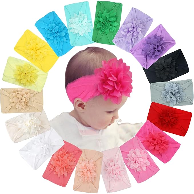 CÉLLOT 18Pcs Baby Girls Headbands Tulle Hair Bows Head Wraps 3inch Chiffon Flowers Bows Soft Stretchy Turban Headbands for Newborn Infant Girls and Toddlers