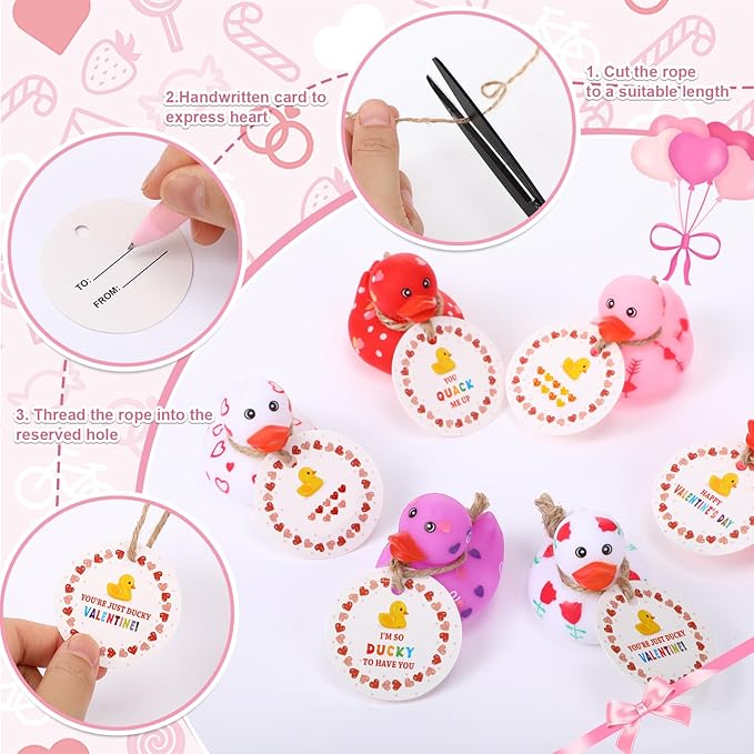 Jerify 12 Pcs 2 Inch Valentines Ducks for Kids Classroom Exchange Gifts Valentine's Day Rubber Ducks with Gifts Cards Mini Heart Rubber Duckies Valentines Party Favors Toys, 6 Styles (Colorful)