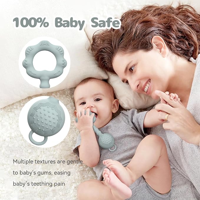 Teethers for Babies 0-6 Months, Rattles for Babies 6-12 Months, 2-in-1 Rattle and Teether Toy for Soothing Sore Gums and Keeps Little Ones Entertained, Food Grade Silicone, Gray