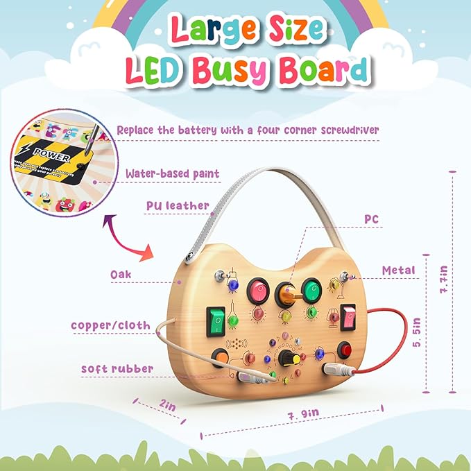 flycoost Montessori Busy Board with LED Light Switches,Toddler Toys for 1 2 3 Years Olds Wooden Activity Autism Baby Busy Board,Sensory Travel Toys for Toddlers 1-3 Years Old Boy&Girl Birthday Gift