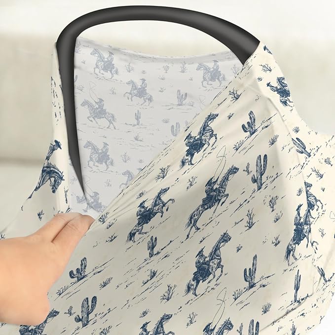 Vintage Western Cowboy Baby Car Seat Covers Retro Cowboy Cactus Horse Stretchy 5-in-1 Cover Adjustable Infant Carseat Canopy Cover Wild Desert Country Breathable Nursing Cover-Up