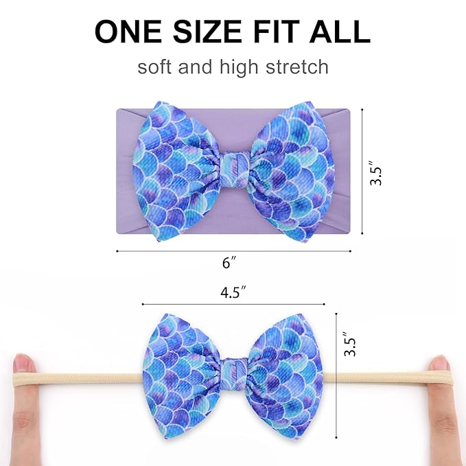 4.5'' Baby Bows Handmade Headbands 6'' Printed Tied Bow Elastic Nylon Hair Accessories for Baby Girls Newborn Infant 2 Pcs mermaid