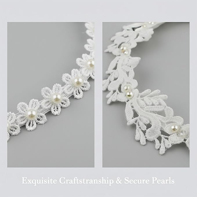 2-Pack Adjustable Baptism Headband for Baby Girl, White Lace Christening Headbands with Pearl & Flower, Elastic Soft Hair Accessories for Newborn Infant Toddler
