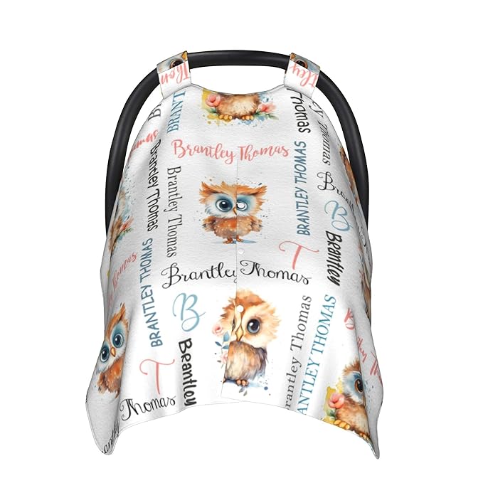 Personalized Baby Car Seat Canopy Minky Owl Baby Blanket Custom Name Baby Car Seat Cover Girls Boys Infant Newborn Carseat Canopy Nursing Cover for Stroller Car Seat Canopies