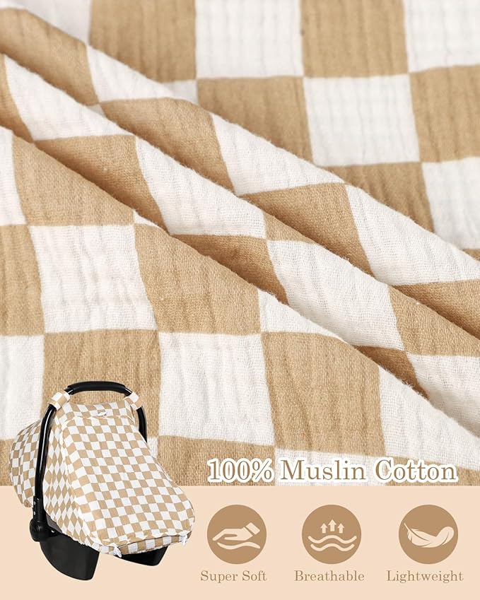 DILIMI Car Seat Covers for Babies, Muslin Cotton Baby Car Seat Cover with Breathable Mesh Window, Summer Infant Car Seat Canopy for Boys Girls Newborn, Brown Plaid