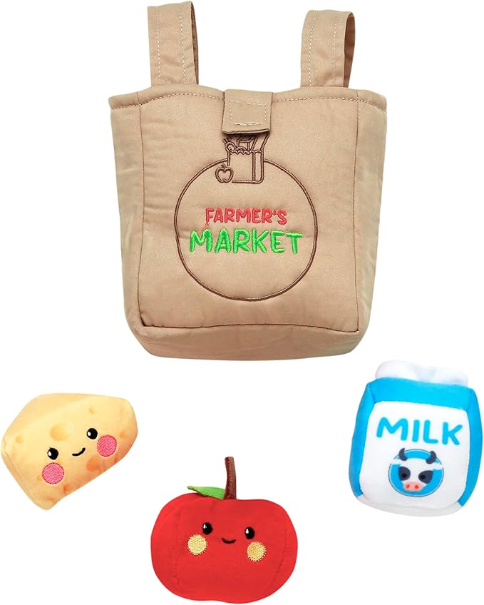 4 Piece Plush Farmer's Market Play Set with Sensory Toys for Baby, Multicolored, 6 inch Grocery Bag with 3 Foods