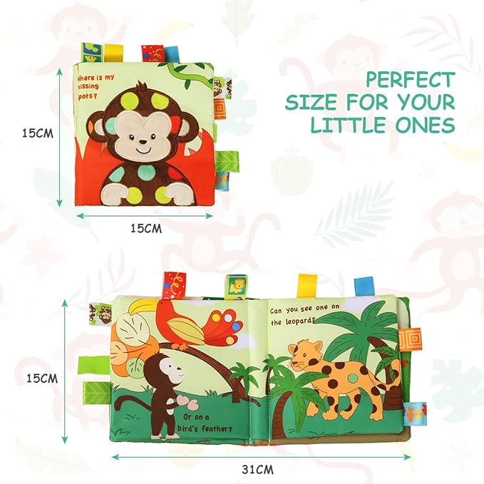 Vicloon Soft Baby Books Toys, Baby Soft Book with Animals and Label, Cloth Book Has 3D Touch and Feel Crinkle, Baby Soft Cloth Book for 0-3 Year Old, Educational Learning Toy Baby Books(Monkey)
