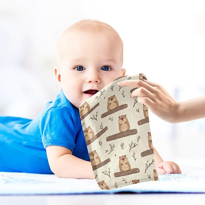 Beaver Baby Washcloths Newborn Muslin Burp Cloths 3 Pack Soft Cotton Baby Face Bath Towel Drool Bibs for Infants, Girls and Boys 11.8 x 11.8 Inch