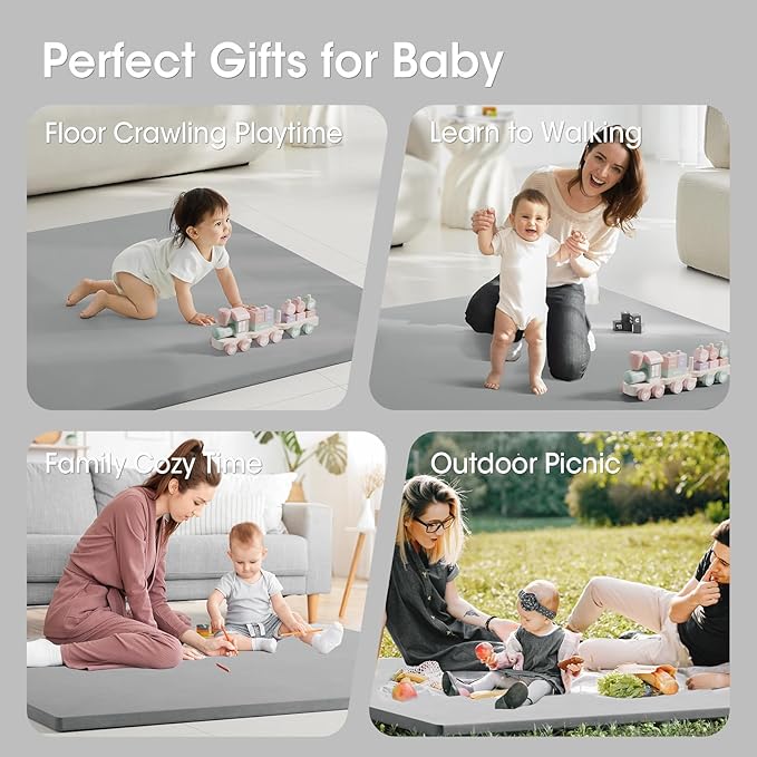 Comehealthy Baby Play Mat for Floor, 50x50 Vegan Leather Playpen Mat, Thickened Foam Cushioned Mat for Infants and Toddlers, Waterproof, Non-Slip & Stylish Playmat for Babies, Easy to Clean, Gray