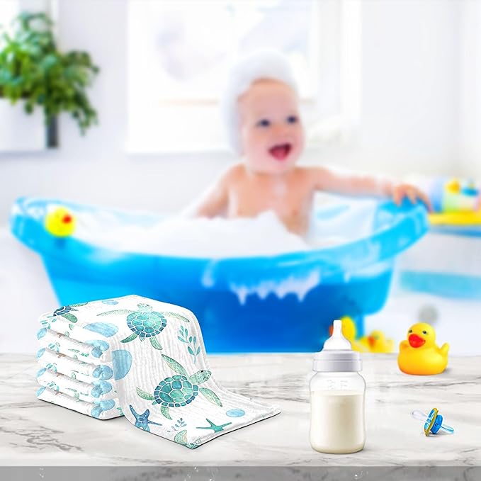 Burbuja Watercolor Sea Turtle Baby Washcloths - Muslin Cotton Soft Absorbent Baby Towel for Newborn Baby Sensitive Skin - Baby Essential Item, 12x12 in, 3 Pack