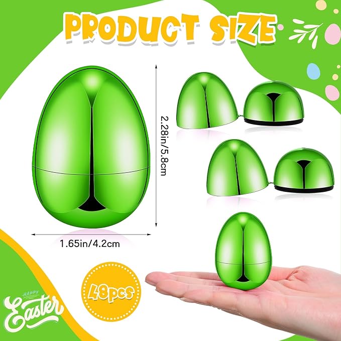 48 Pcs Easter Eggs Metallic 2.28 x 1.65 Inch Empty Eggs Fillable Easter Eggs Empty Plastic Easter Eggs for Easter Hunt Easter Party Favors (Green)