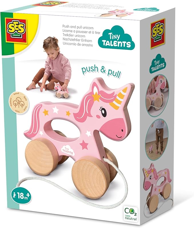 SES Creative 13137 - Push and Pull 2 in 1 Wooden Unicorn, Real Wood, Modern Design, Made for Children 18 Months and Older