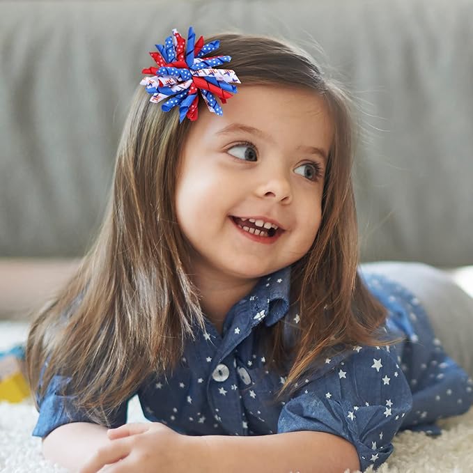 July 4th Korker Hair Bow Clip 3'' Kids Patriotic Curly Corker Fireworks Cheer Bow Alligator Barrettes Toddler Baby Girls Independence Day Christmas Party Favor Gift Accessories