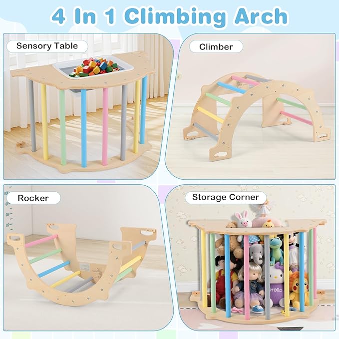 Olakids Climbing Arch for Toddlers, 4 in 1 Wooden Indoor Kids Climber Rocker Montessori Sensory Table with Foldable Storage Bin, Baby Pikler Set Gym Learning Crawling Toy for Children (Rainbow)