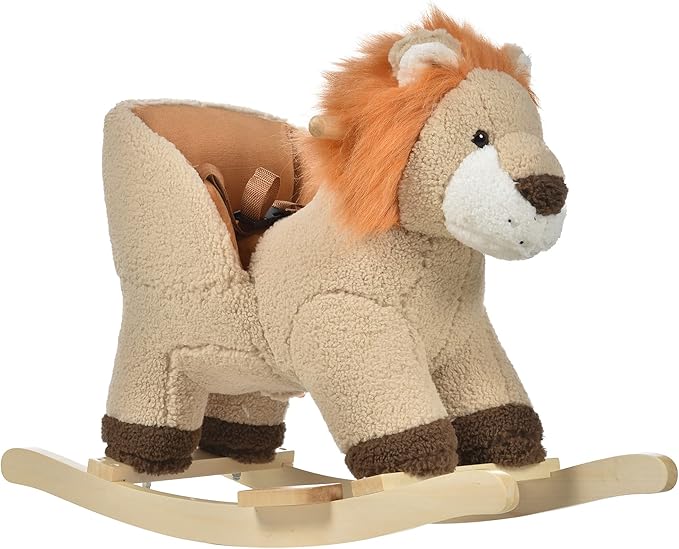 Qaba Baby Rocking Horse Lion with Sound, Plush Stuffed Rocking Animals, Wooden Rocking Horse with Seat Belt for 18-36 Months Boys and Girls Gift, Brown