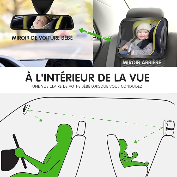Vinabo Baby Car Mirror, Shatterproof Baby Mirror, 360° Adjustable Baby Car Mirror, Baby Rear Seat Mirror, Essential Safety - Suitable for All Types of Headrests