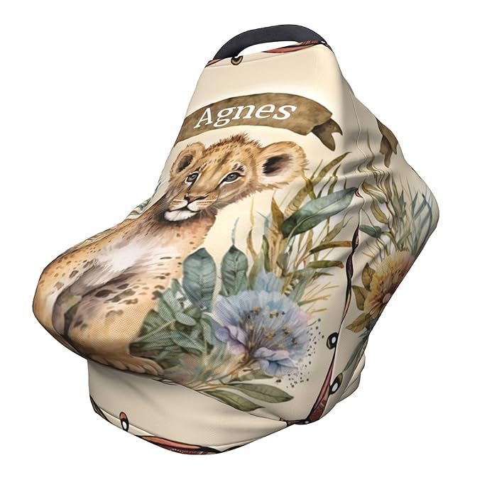 Personalized Lion Baby Car Seat Cover with Name,Multi-Use Canopy for Nursing, Strollers,Shopping Carts,Customized Breastfeeding Cover, Full Privacy,Infant Stroller Cover