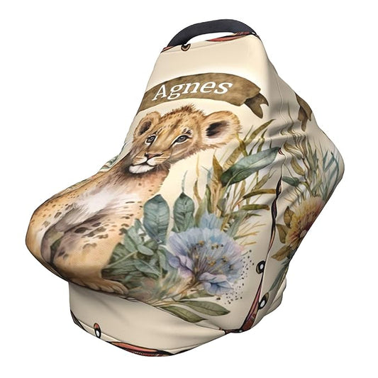 Personalized Lion Baby Car Seat Cover with Name,Multi-Use Canopy for Nursing, Strollers,Shopping Carts,Customized Breastfeeding Cover, Full Privacy,Infant Stroller Cover