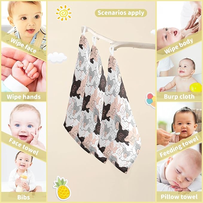 Vvfelixl Baby Muslin Washcloths Soft Baby Face Towel for Newborn Infants, 11.8 X 11.8 Inch, 3 Pack, Cotton, Piglets, Animal, Compact, Heavyweight