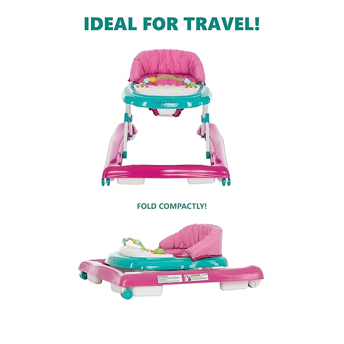 Dream On Me 2-in-1 Ava Baby Walker, Easy Convertible Baby Walker, Walk Behind, Height Adjustable Seat, Added Back Support, Detachable-Toy Slate, Teal Pink
