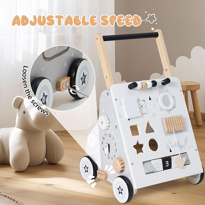 Wooden Baby Walker, Baby Push Walker with Wheel, Push and Pull Toys Learning to Walk, Montessori Walker Toy for Kids Development, Adjustable Speed and Height