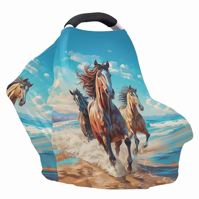 ZFRXIGN Horse Nursing Covers for Breastfeeding and Car Seat Baby Car Seat Covers, Infant Stroller Cover, Carseat Canopy Carseat Cover Girls Blue Beach Sky