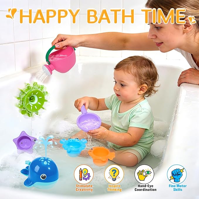 Baby Bath Toys for Kids Ages 1-3, Mold Free Toddler Bath Toys with 3 Stacking Cups & Spinning Wheel and Whale Bath Toy, Variety Bathtub Sand Beach Pool Water Table Toys for 1+ Year Old Boys Girl Gifts