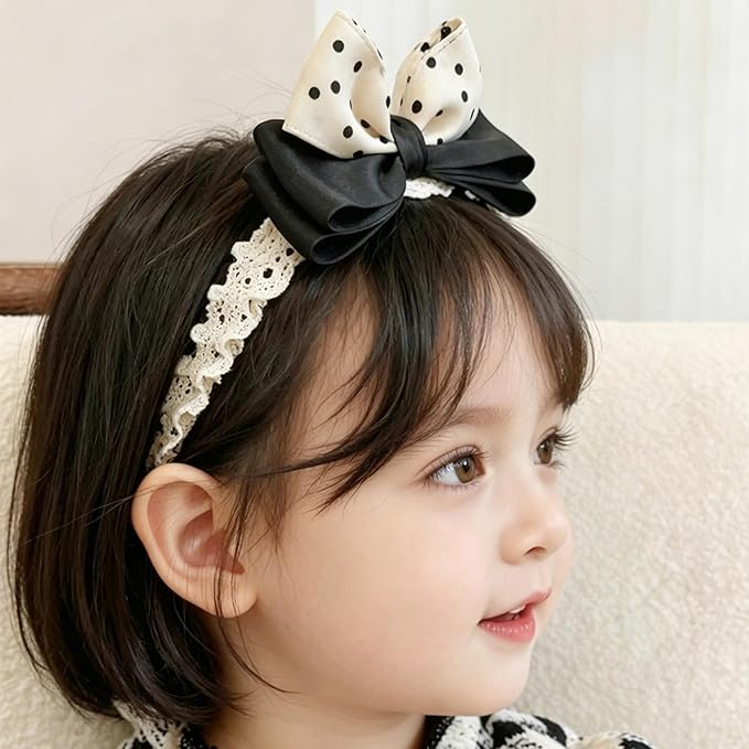 Baby Girls Hairbands Bow Lace Headband Handmade Soft Stretchy Pink Bowknot Hairbands Newborn Hairband with Bows Elastic Hair Bands for Kids Infant(Black and Yellow Dot Bow