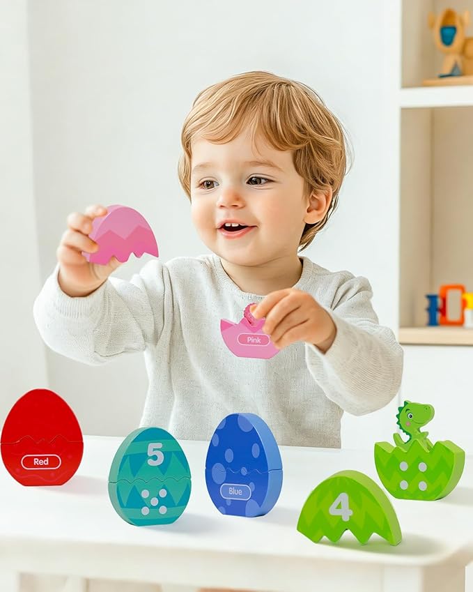 Toddlers Learning Toys Wooden Number Counting Montessori Educational Toys Matching Eggs Dinosaur Toys Sorting Fine Motor Games Christmas Birthday Easter Gift for Kids Boys Girls Ages 3+