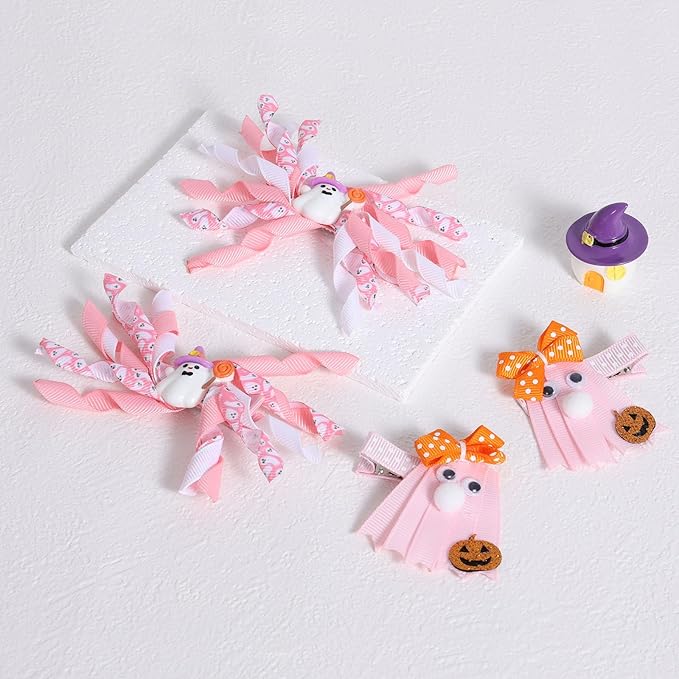 Halloween Ghost Korker Curly Ribbon Hair Bows for Girls, 4 Pcs Cute Pink Ghost Pigtails Hair Clip Barrettes for Baby Toddler Teen Women Trick or Treat Gift Costume Party Decor Accessory