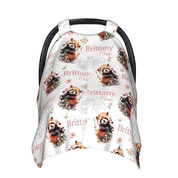 Personalized Baby Car Seat Canopy for Babies, Custom Name Baby Car Seats Covers for Girls, Opening Minky Nursing Breastfeeding Cover for Infant, Carseat Canopies for Newborn (Red Panda Bear)